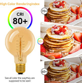Light bulb with CRI 80+ rating next to a stack of pancakes with strawberries, highlighting color rendering index.